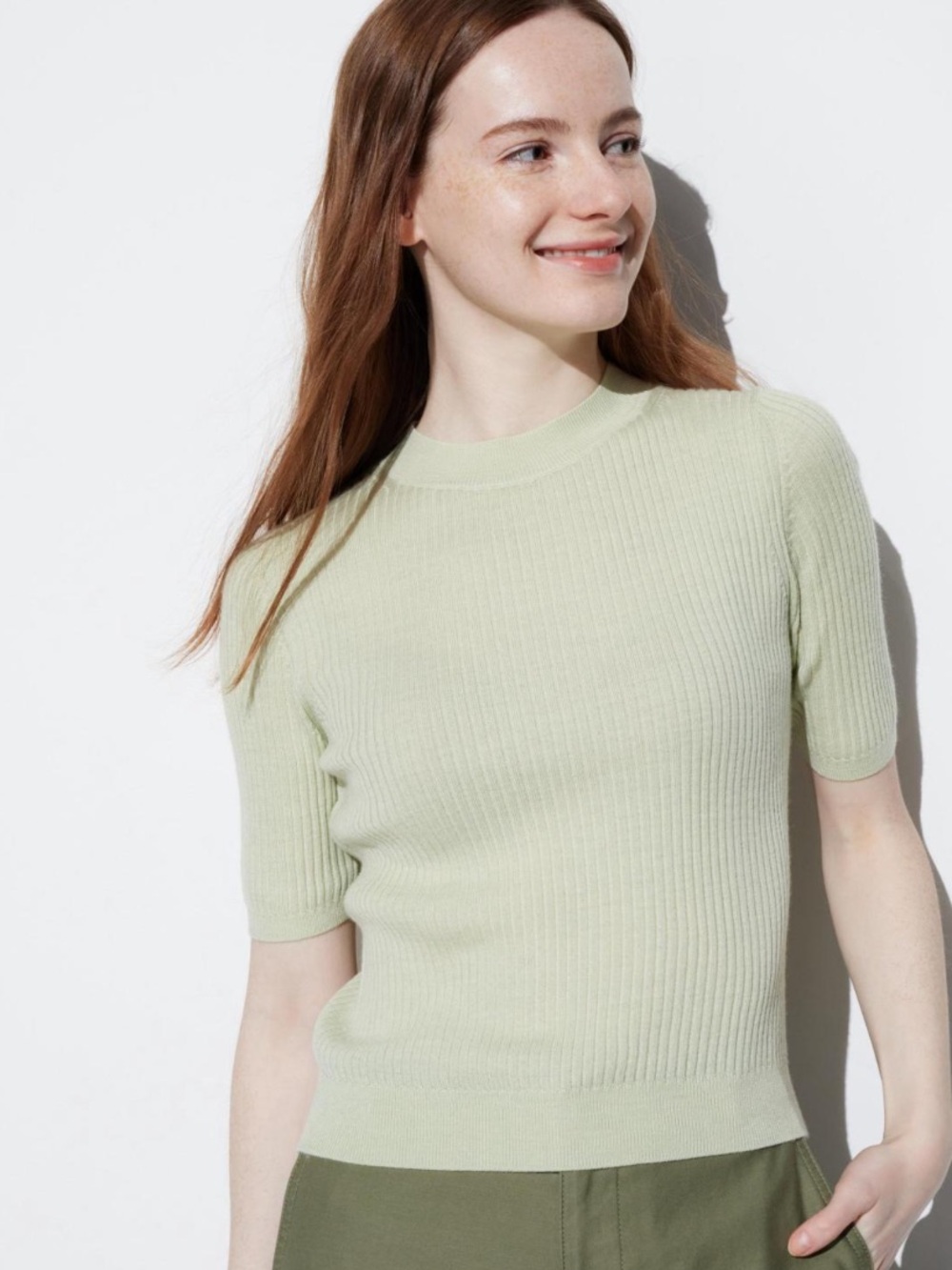 Uniqlo Ribbed Wool Crewneck Short-Sleeve Sweater Pale Mint Green